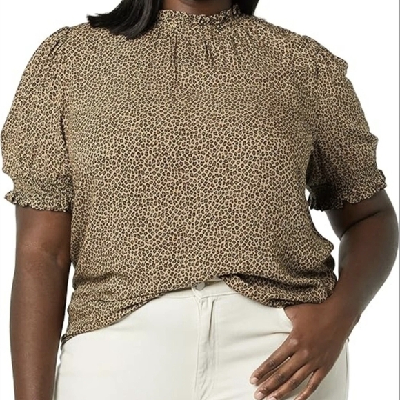 Amazon Essentials Tops - Amazon Essentials Tan Leopard-Print Short Sleeve Blouse
